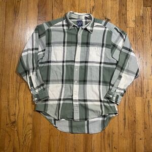 Vintage 90s GAP Cotton Flannel Plaid Shirt Green White Medium Grunge Distressed